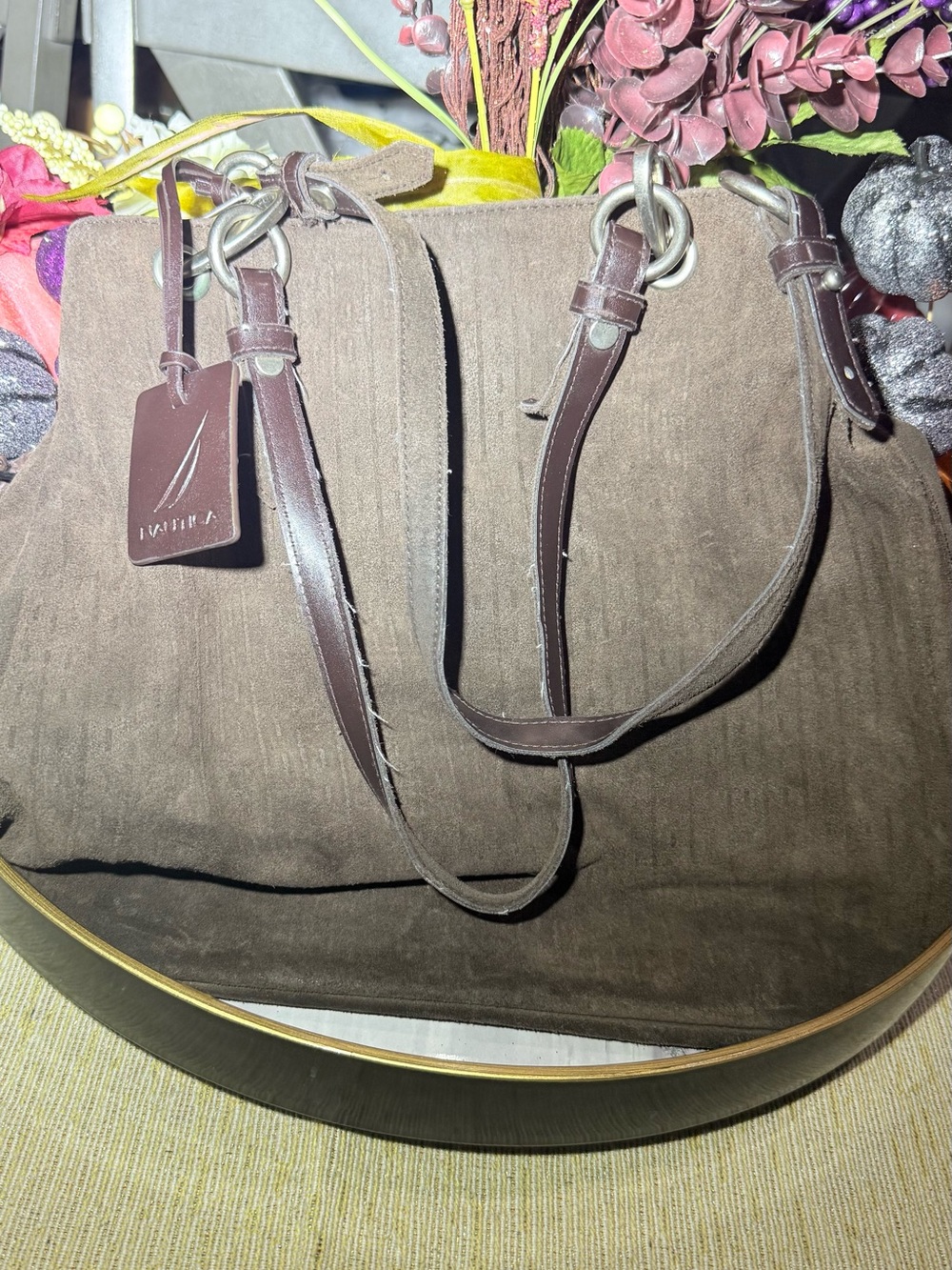 Lavish Dark Brown Suede Shoulder Bag with Leather Straps
